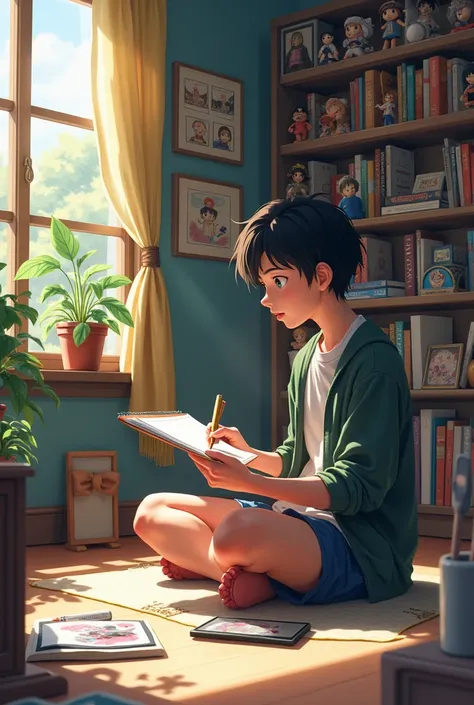 A boy studying anime 