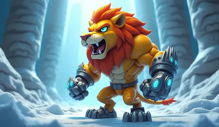 A 3D image of  A cartoon angry, aggressive powerful male lion (a sleek golden coat, wearing protective safety gear. His limbs have a metallic sheen, and glowing blue cybernetic claws enhance his strength. His sharp eyes radiate intelligence as he stands po...