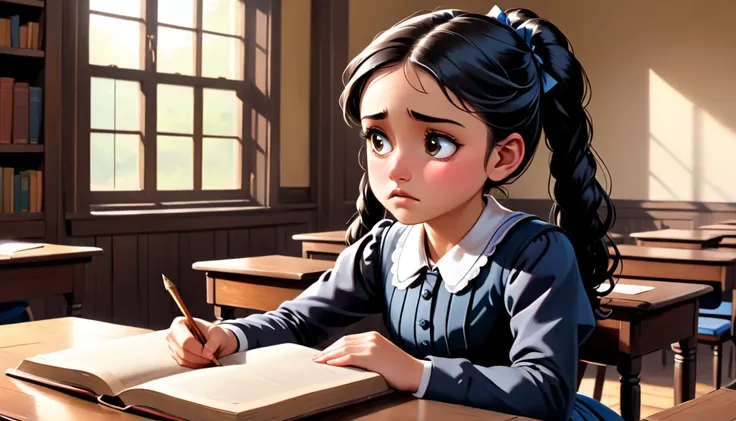 A young girl named Sara Crewe sitting at a wooden desk in a Victorian-style classroom, crying quietly. Tears stream down her cheeks as she gazes downward, her hands resting on an open book. She has thick, black hair tied back neatly and large, expressive e...