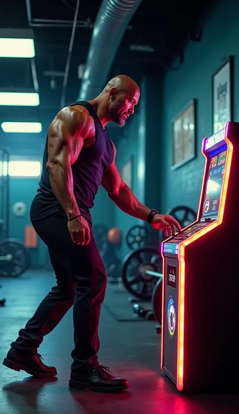 

"The Rock, a towering figure of muscle and confidence, casually strolls through a high-energy gym toward a small, brightly lit karaoke machine sitting in the corner. His massive frame dwarfs the tiny device, which glows with colorful LED lights. The gym,...