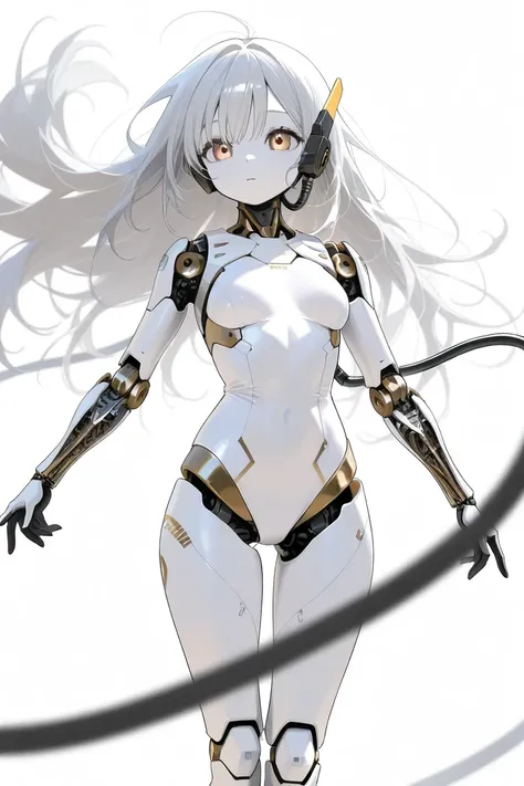 (Top Quality, Background Detail), Top Quality, Original Detail Dynamic Art, (Both Golden Eyes), Image from Waist, Inorganic Gaze, Detailed Mechanical Joints, Wearing White Leotard, White Skin, Gray Hair, Long Hair, (One Cyborg Girl), White Mechanical Body,...