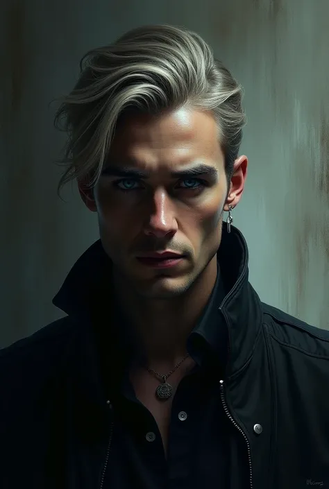 "A striking man with ash-blonde hair and piercing blue eyes, his face partially in shadow, exuding a dark, enigmatic allure."