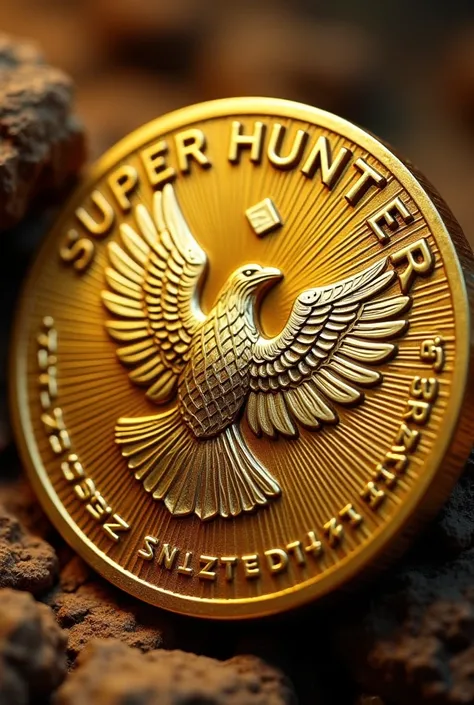  Super hunter written on a radiant gold coin with an eagle