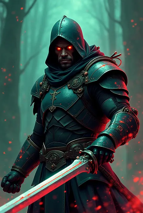 
A cyborg crusader in a dynamic, action-packed pose, clad in dark, cloudy armor with intricate mechanical details. The character wields a glowing sword, its blade sharp and futuristic. His expression is menacing, with glowing, evil eyes, and his face is se...