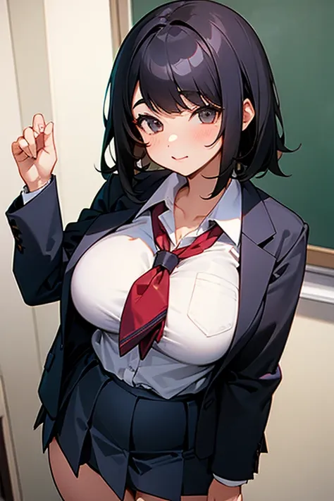   high school girl,  black hair short, Big Breasts,  Chubby ,  school uniform