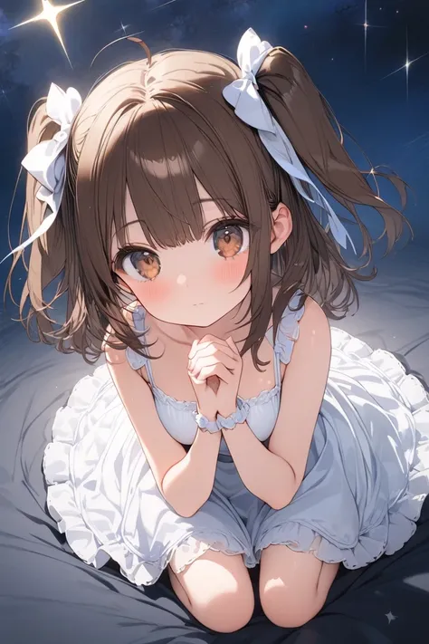 masterpiece,amazing quality,best quality,ultra-detailed,8k,illustration,1cute girl, loli, cute, 19yo, brown hair, medium hair, two side up, brown eyes, large breasts,  white camisole, starry sky ,Night Sky,full body, expressionless ,pray, staring at the sk...