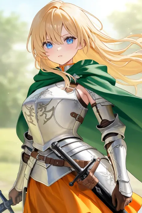 Blonde、 long hair、blue eyes、white western armor、 Longsword 、 Orange Skirt 、 green cloak 