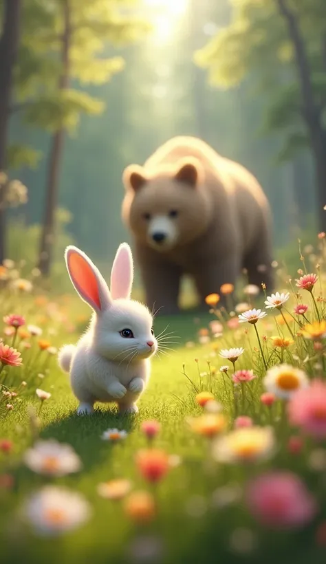 A fluffy rabbit hops through a flower-filled meadow, its long ears twitching as it sniffs the air. Nearby, a large bear walks through a forest, its thick fur glowing in the dappled sunlight