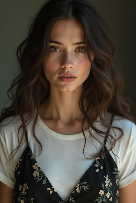 Beautifull young woman with wavy long hair, black flower dress, looking to the viewer. Feels spiritual, looking concernd, hazel eyes, wearing a white blank t-shirt 