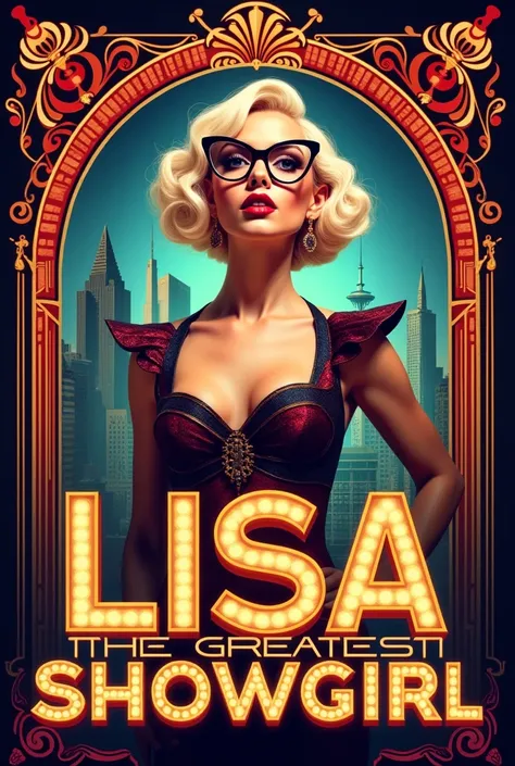 A musical poster. Woman with short blond hair and glasses. Headline: Lisa the greatest Showgirl Hamburg. 