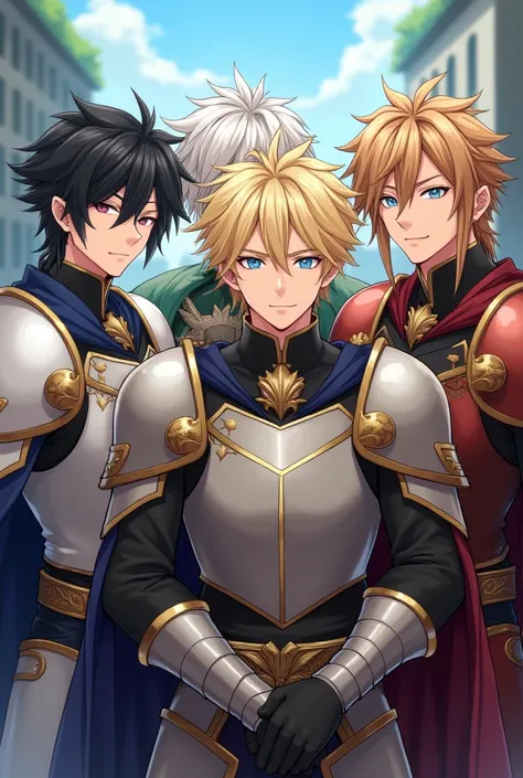 4 men　 handsome　knight　Black hair gold　Blonde hair, blue eyes　brown hair  ivory hair アニメ風, 