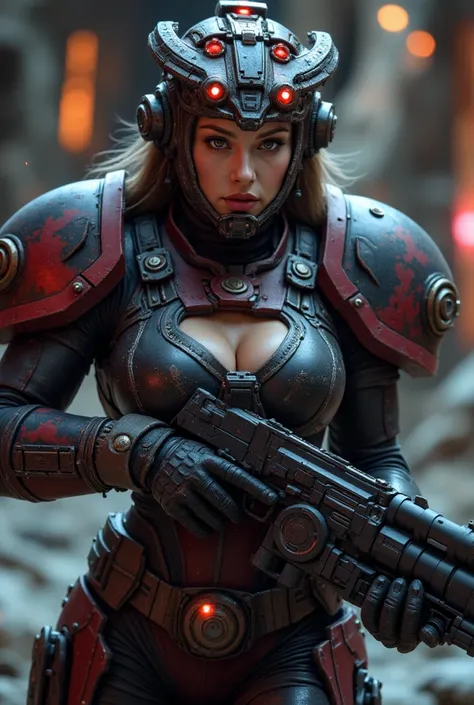 8k, UHD, Realistic, full body, Beautiful, captivating, female space marine from 20 and Back project, facial mixed of Kim Ji-won, highly detailed face, fiery and weary looked yet captivating, deep cleavage, depending the Kuiper Belt from Draconian, heavily ...