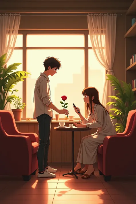  A cozy coffee shop.  a anime boy Aryan walks in with a red rose in hand, hoping to impressa anime girl  Meera, who's sitting at a table, scrolling through her phone.