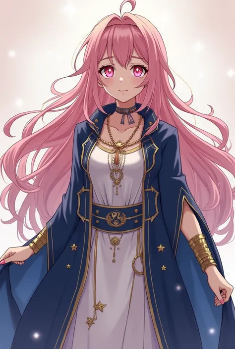 Anime woman with baby pink eyes and hair. Make it using 
- ""long cloak:**  of dark blue color ,  with gold details and stars .  It extends to the floor and has an opening in the front .

- ** white tunic :**  Appear under the cloak ,

with gold embroidery...