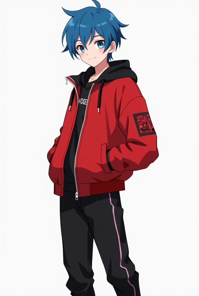 A blue-haired age boy shorts me wearing a red jacket and black pants 