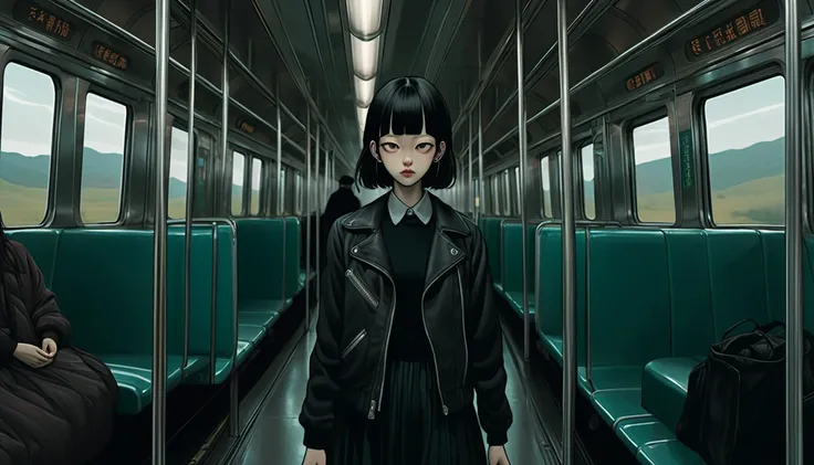  illustration of a train、 art、 horror, Supervised by Junji Ito、 attention to detail, Realistic shadows、 analog style,  Color Difference,  Surrealism 、 contrast with her dark-colored clothes and 、 give it a bold, modern aesthetic。 the character's accessorie...