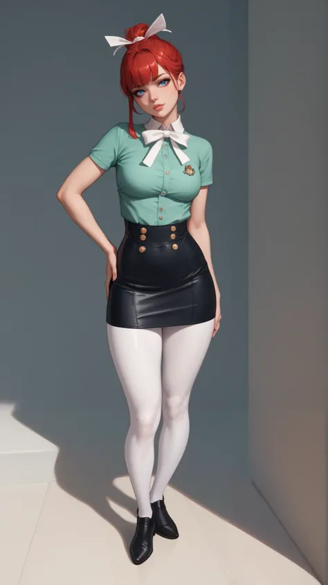 female, hourglass figure, glossy lips, blue eyes, long dull red hair, split front bangs, white ribbon hair tie, dull green short sleeve shirt with collar and buttons, wearing a dark grey tight skirt, wearing white leggings, wearing basic black shoes, hand ...