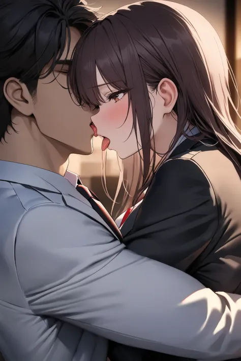 top quality, masterpiece,  high resolution, 8k, 1 girl 1 boy  , The right move, (((bust shot))),  maroon droopy , ((( semi-long dark hair ))), Busty Wife, ((( business suit hug each other))), Kiss with tongue intertwined,  night office, An office without p...