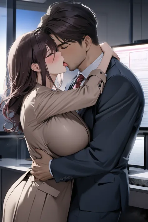 top quality, masterpiece,  high resolution, 8k, 1 girl 1 boy  , The right move, (((bust shot))),  maroon droopy , ((( semi-long dark hair ))), Busty Wife, ((( business suit hug each other))), Kiss with tongue intertwined,  night office, An office without p...