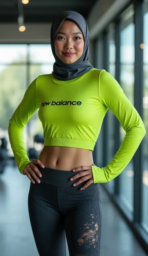  mature woman , Malaysian face , dark gray sports hijab,  wearing a long-sleeved gym t-shirt  " New Balance " neon green , and wears dark grey lace panties,  and neon green sports shoes .  hourglass body  (( solid contains )),  very white skin ,  round but...