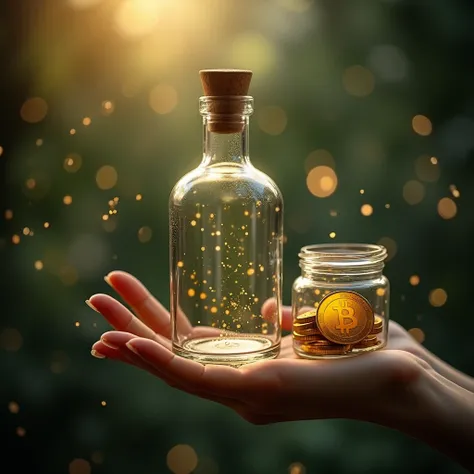  The photo of the glass bottle in it is placed on the hand.,There is a gold coin in a glass jar. ,Graphic line, ,Bokeh,  flickering light ,  natural background,Light fair, 