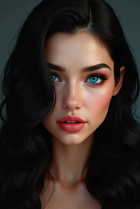 A dominant looking woman, with long wavy black hair, piercing cobalt blue almond eyes, a sharp straight nose with dark perfectly shaped eyebrows and long eyelashes, along with plump pink kissable lips