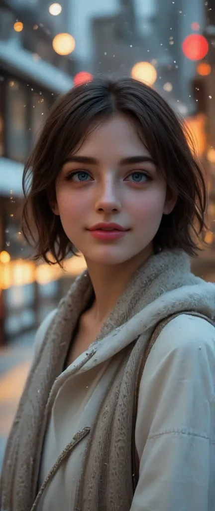 1 girl, European, ,big blue eyes, dark hair winter (upper body close-up), a girl walks down a long alley with trees. The girl's body is shot from the side (the head is turned towards the viewer). winter atmosphere, ((snow falls in flakes)), snowdrifts, fog...