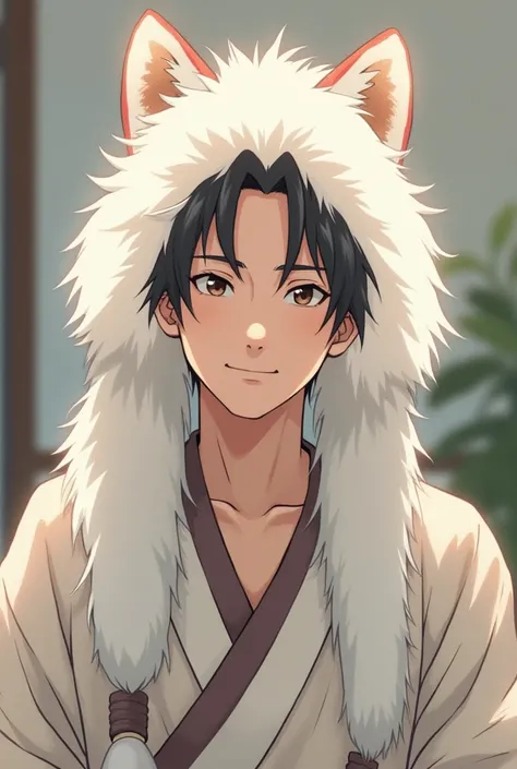 Japanese adult male wearing Samoyed fur over his head、 center part hair、Smile in anime style、Calm room atmosphere