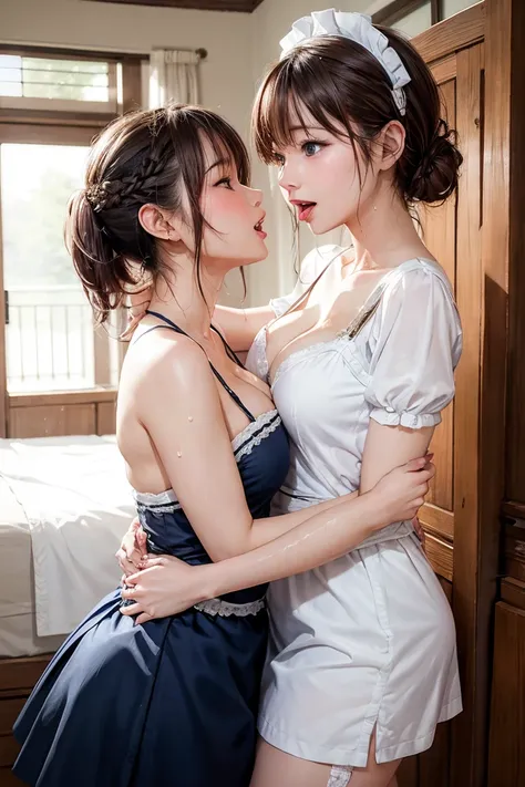 8K quality、High resolution、Two maids、Realistic skin texture、Two women make love to each other、High resolutionの肌、Women kissing with tongues entangled、Princess Hair、thin、Small and young breasts、Open the mouth to reveal a realistic tongue、Beautiful cleavage、G...