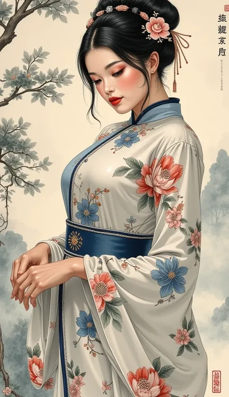  the detailed proportions and textures brushed multicolored and softened with airbrush , a semi-realistic Chinese ink illustration A young traditional girl of from the 1920'S  period is shown (full body, pose and in high quality) in traditional Japanese (w...