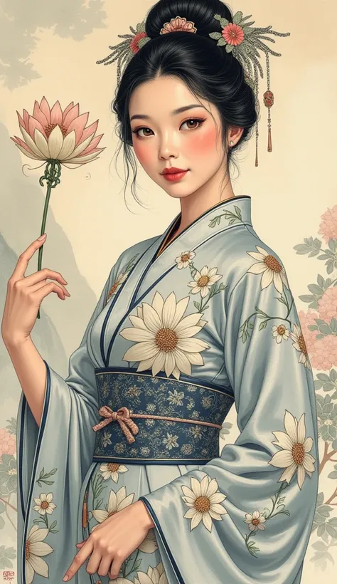  the detailed proportions and textures brushed multicolored and softened with airbrush , a semi-realistic Chinese ink illustration A young traditional girl of from the 1920'S  period is shown (full body, pose and in high quality) in traditional Japanese (w...