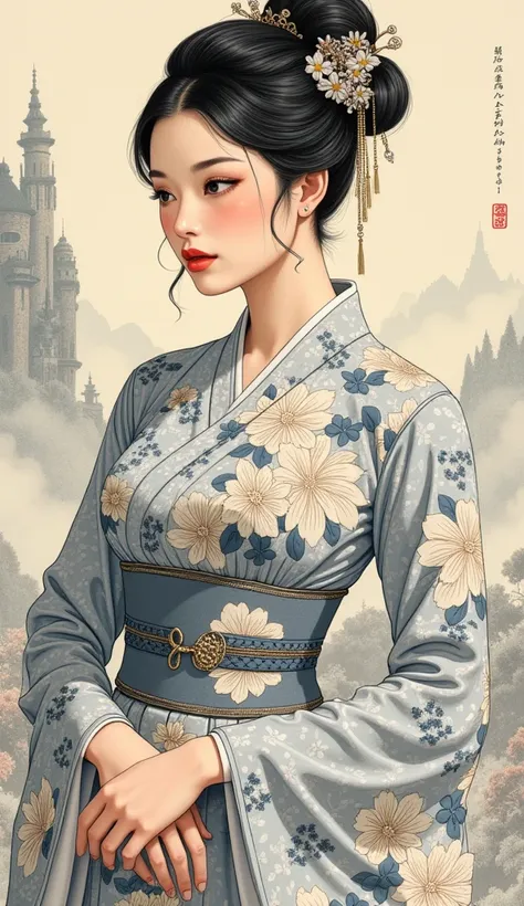  the detailed proportions and textures brushed multicolored and softened with airbrush , a semi-realistic Chinese ink illustration A young traditional girl of from the 1920'S  period is shown (full body, pose and in high quality) in traditional Japanese (w...