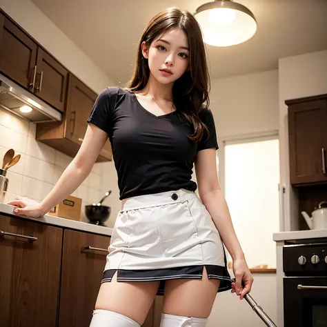 Hot Woman Cleaning The Kitchen Down Blouse Short Skirt Overknee Boots