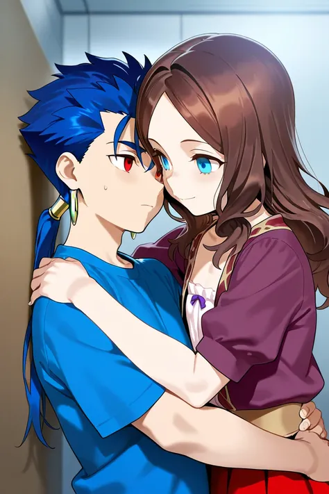 Leonardo_da_vinci_rider(fate), brown_hair, Blue_eyes, loli, Cu_Chulainn(fate), blue_hair, red_eyes, shota, 1boy, 1girl, hug