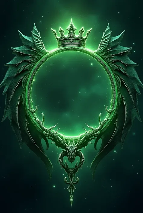 A galaxy that is a bit lighter background with a emerald circle frame with dark green wings surrounding the circle and the down part of the circle is also a dark green wings but smaller and a mysterious crown on top of it with an emerald dragon outside the...