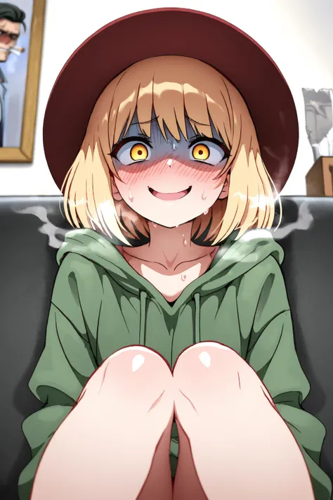  from the bottom ,  1girl , niko,  yellow eyes , hat , hat  rosso,  blonde hair , Alone,  blush,  reddened face , happy face, 4K,  reddened face , (detailed  a 4 zampe inculata da uomo grasso e cattivo) (( distressed expression ))((( best quality , Masterp...