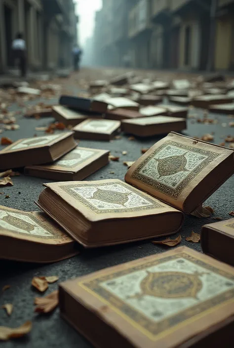 Many Qurans are lying on the street. 