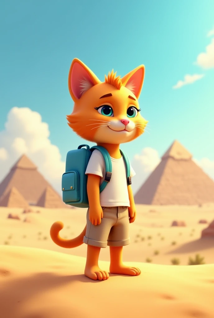 A vibrant illustration of an anthropomorphic orange cat with short fur, wearing a light blue backpack. The cat stands on two legs like a human, dressed in a casual white shirt and beige shorts. In the background, the iconic Giza pyramids rise majestically ...