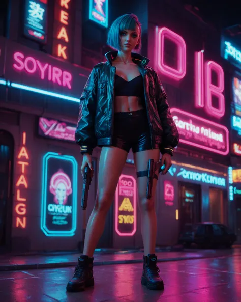 cyberpunk style anime girl hunter, and she is holding a gun and around little bit neon lights and vibrant neon lights on The gun , bold , shiny neon lights, cyberpunk city, neon lights aura ,sharp,Solo, Short Hair, Blue eyes, full body shot , epic 