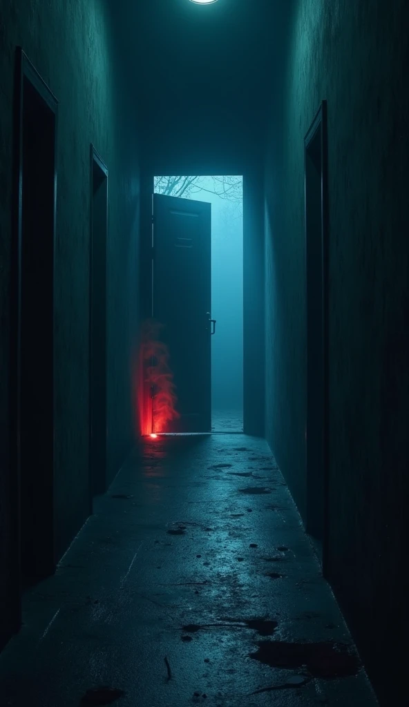 Porta Macabre and Sombria.  dark and bluish environment, spooky and dark corridor with a door that attracts a lot of attention, Red smoke coming out from under the door