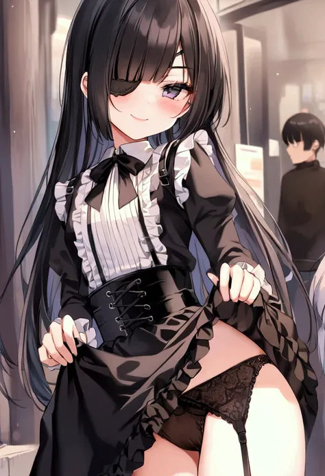  girl、 kids、 long black hair、 get your bangs cut、 Gothic Lolita 、smile、Frills、ribbon、Eye patch,skirt lift,black panties, garter belt