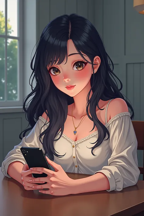 tenneager anime girl Meera, who's sitting at a table, scrolling through her phone.