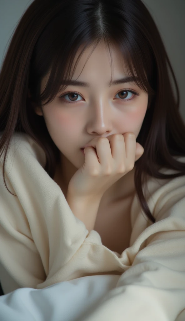 32K, masterpiece,  top quality, ( beautiful Korean women) close-up,   low angle,  long dark hair,  Partially hidden face ,  embarrassed expression , Cover your mouth with your hand,  light-colored loose shirt,  lie down,  soft dim lighting ,  blurry backgr...