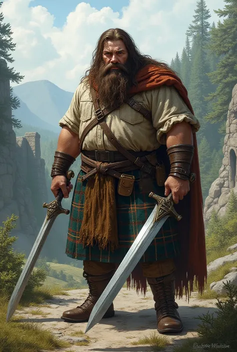 Sturdy and short role-playing dwarf with short beard long brown loose hair Scottish kilt Sporran medieval linen shirt and two-handed sword 