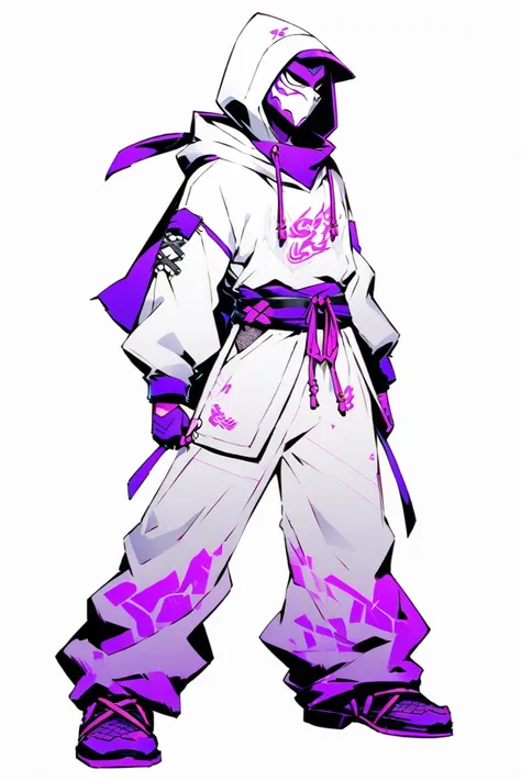  cyberpunk ninja action novel。solo ninja 。((white background illustration ))。(( full body illustration))。(( standing))。Ninja mask。false purple and white two-tone。Hooded Hoodie Ninja Outfit。Mask on the lower back。