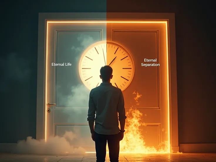 A dramatic image of a person standing before two doors—one leading to bright light labeled ‘Eternal Life’ and the other to fiery darkness labeled ‘Eternal Separation.’ The person looks shocked as a clock behind them strikes MIDNIGHT, showing that time has ...