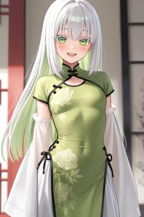    High Quality , high detail, 4K,最 High Quality , looking at viewer,woman_1 person,   blush,beautiful_face,  happy,(  High Quality ,white_ straight_hair,  long_hair,hair_ ver ), (white_ eyelashes､green_eye,   high detail_eye), white hair,( white_skin,光沢のあ...