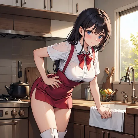 Hot Woman Cleaning The Kitchen Down Blouse Short Skirt Overknee Boots