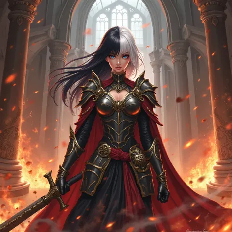 Anime woman with split dyed black and white hair dressed in a conqueror's clothing commiting atrocities in a fiery castle