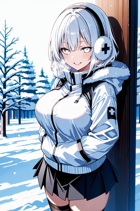  Best quality, a portrait of a solo woman, big breasts, white hair, soft earmuffs, snow-white eyes, full lips, seductive, smiling, puffy jacket, cute skirt, stockings, winter background, 